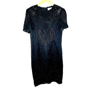 Papell Boutique Evening Women Size 8P Gown Black Sequins & Glass Beaded Silk